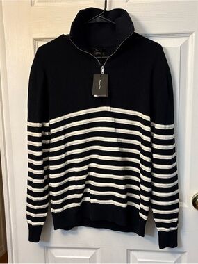 Massimo Dutti Black and White Striped Half-Zip Sweater